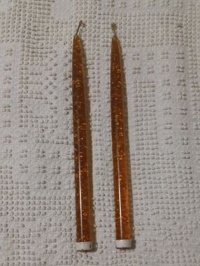 Pair of Vintage Amber Lucite Gold Flakes Glitter Taper Candles
